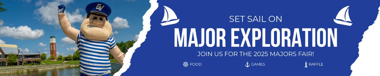 Louie the Laker in front of the Clock Tower, "Join Us For Majors Fair!"